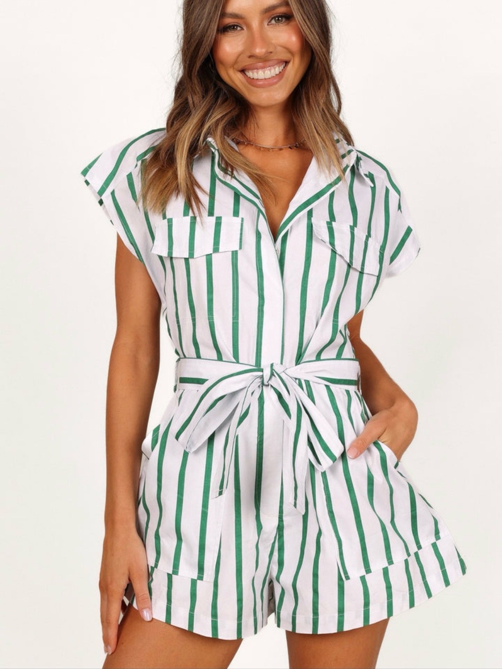 Petal & Pup White and Green Striped Tie-Waist Romper